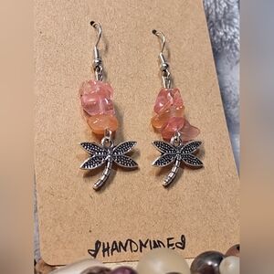 Strawberry Quartz Dragon Fly Charm Artisan Earrings
